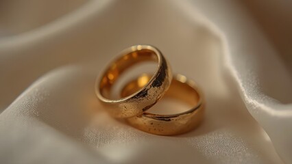 Two gold wedding rings lying on silk fabric