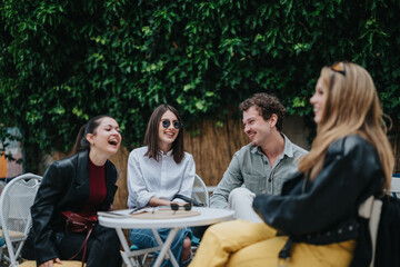 Four friends sharing laughter and vibrant conversation while seated together at an outdoor cafe.