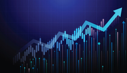 candlestick financial analysis trading chart, stock market investment trading and arrow graph. vector illustration technology blue background.