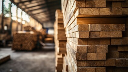 Stacked lumber in a warehouse.  Close-up view of tightly packed wooden beams.  Blurred background shows more lumber and industrial setting.  Sunlight streams into the space