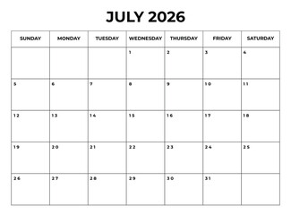 Printable July 2026 Calendar with Daily Boxes Week Starts from Sunday