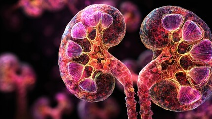 Sequential graphics displaying toxin accumulation in kidney tissues due to obstructed nephron filters emphasizing disease impact on renal clearance.