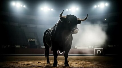 An imposing black fighting bull stands under bright spotlights in a sand arena, a symbol of raw power and untamed force. - Powered by Adobe