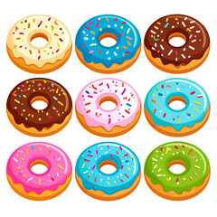Isometric illustration set of nine colorful glazed donuts with various frostings and sprinkles.