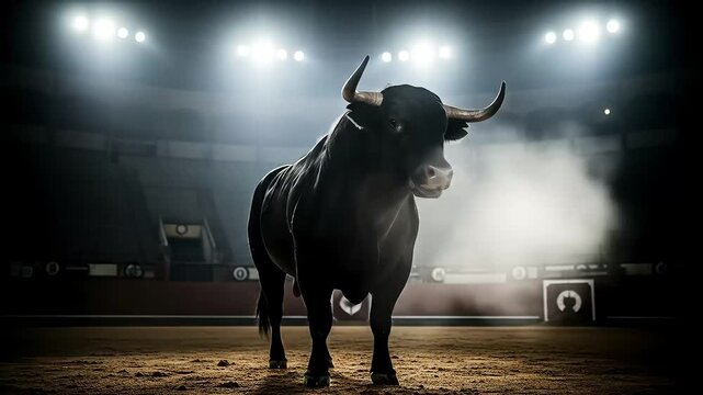 An imposing black fighting bull stands under bright spotlights in a sand arena, a symbol of raw power and untamed force.