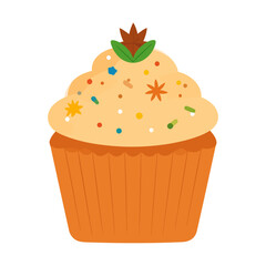 Festive cupcake illustration with creamy frosting, colorful sprinkles, and a star anise garnish.