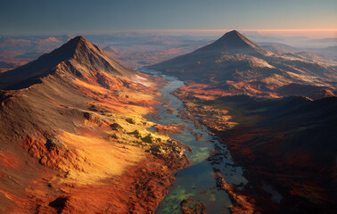 Fototapeta premium Aerial View of Autumnal Mountain Range with River Valley at Sunset