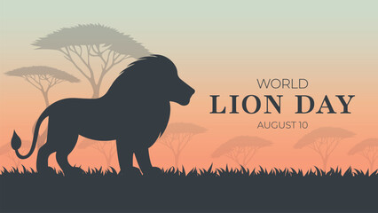 World Lion Day Poster with Silhouettes in African Savannah Vector.