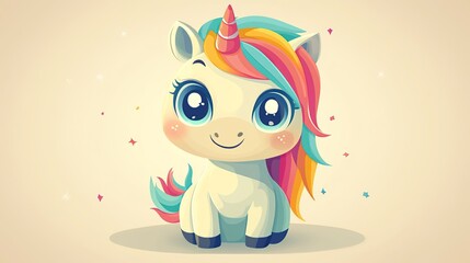 Fototapeta premium Cute Cartoon Unicorn with Rainbow Mane and Sparkles