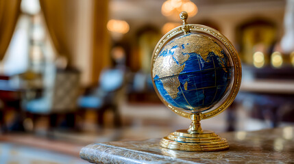 A blue and gold globe on the table of an elegant hotel