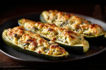 Stuffed zucchini boats on a plate, topped with cheese and herbs, baked to golden brown
