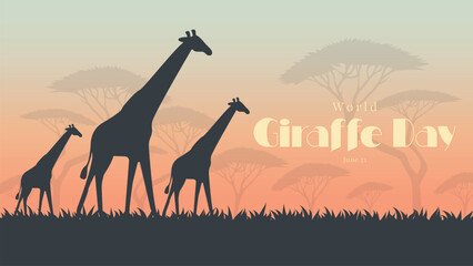 World Giraffe Day Poster with Silhouettes in African Savannah Vector.