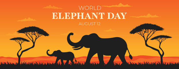 Wild Elephant Sunset Scene for World Elephant Day Vector Poster.