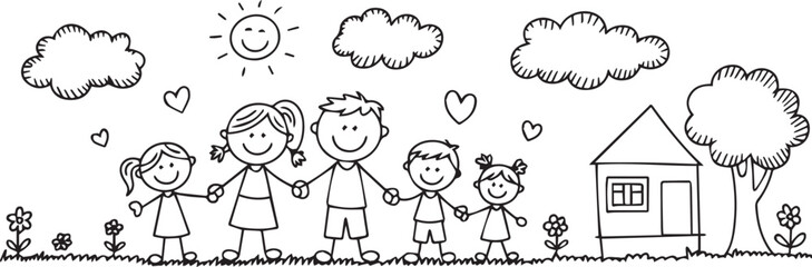 cute stickfigure family holding hands in nature scene vector illustration for children parenting design
