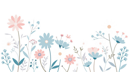 Naklejka premium Minimal pastel floral clipart border. Wildflowers like daisy, cosmos, baby’s breath in soft blush, sky blue, and creamy tones. Transparent PNG for baby shower invites, spring stationery, greeting card