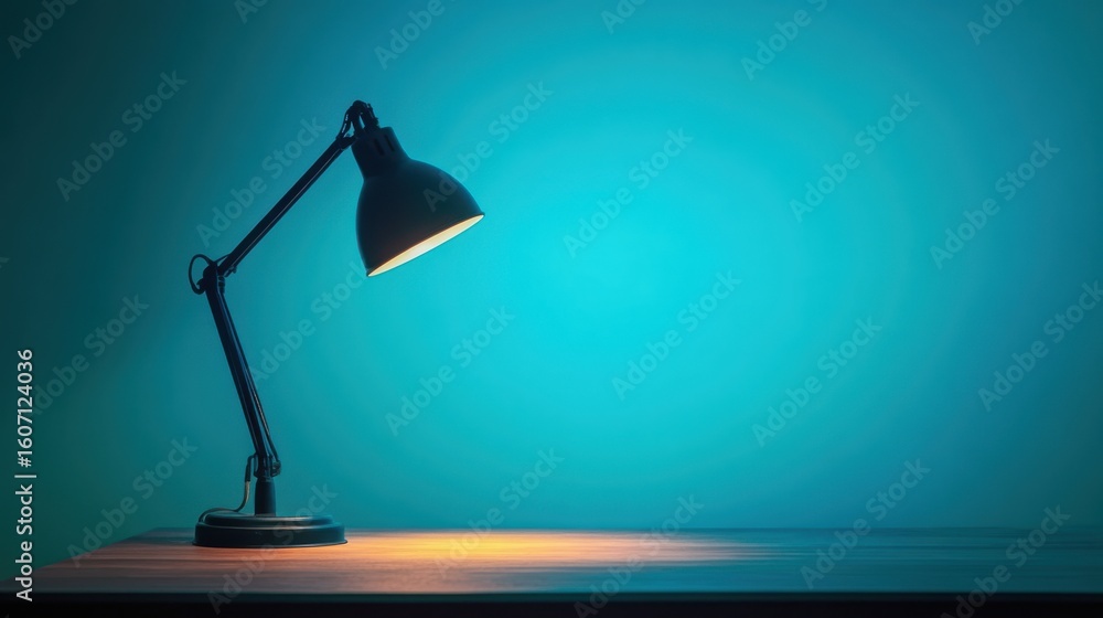 Poster modern desk lamp with warm glow illuminating a wooden table against a smooth blue background in a mi