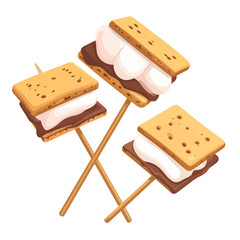 Three delicious s'mores on wooden sticks with melted chocolate and toasted marshmallows.