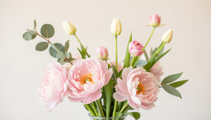 Fototapeta premium Fresh Spring Flowers: Peonies, Tulips, and Eucalyptus