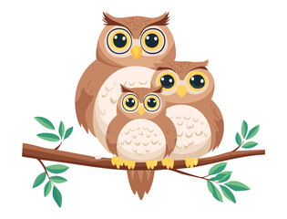 Adorable Owl Family Perched on Tree