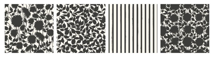 Hand drawn vector dahlia flower, leaves, stripes seamless patterns in light black and white color.