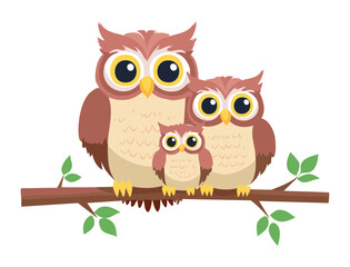 Owl Family on a Branch with Leaves