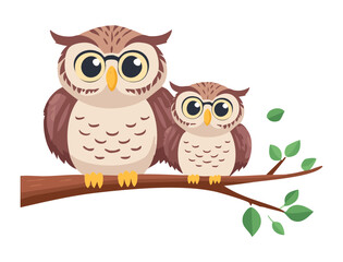 Owl Family Resting on a Tree Branch