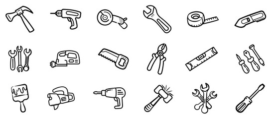 Hand and Power Tools Doodle Icons