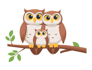 Owl Family Perched on a Tree Branch