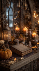 Fototapeta premium Old magic book lies on the table, Halloween concept