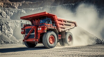 Powerful mining dump truck navigating dusty quarry environment.