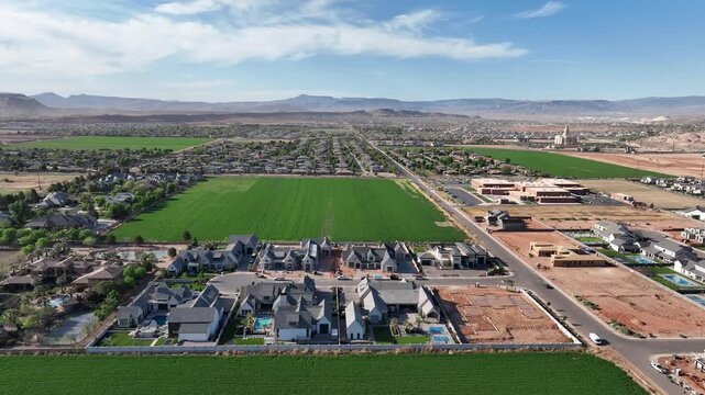 Scenic Aerial View of Suburban Neighborhood and LDS Temple in St. George, Utah