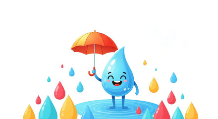 cheerful cartoon blue droplet with orange umbrella surrounded by colorful water drops. national water quality month concept. environmental awareness, print design, educational banner