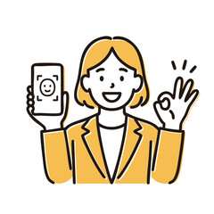 Woman showing Face ID unlock success with OK sign, minimal line art illustration
