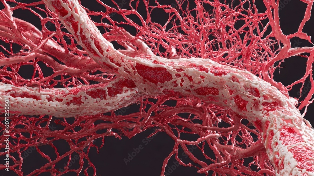 Poster digital model displaying systemic arterial structures with interrupted red patches simulating inflam