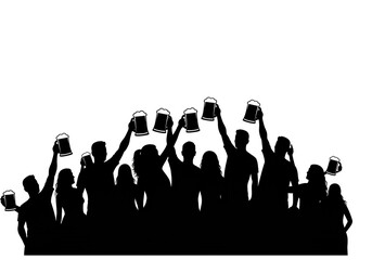 Silhouette of people raising beer mugs in celebration against a white background image view