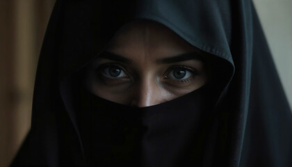 Naklejka premium Mourning widow in black gazes with piercing eyes. Mourning widow in black shows her intense emotions behind veil, conveying a sense of bereavement and quiet grief.