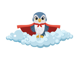 Small Owl Superhero Hovering on Fluffy Clouds