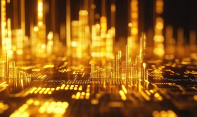 Golden city lights on a digital circuit board. Abstract, glowing, futuristic cityscape