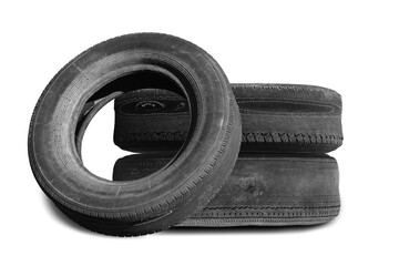 old worn damaged tires isolated on white background