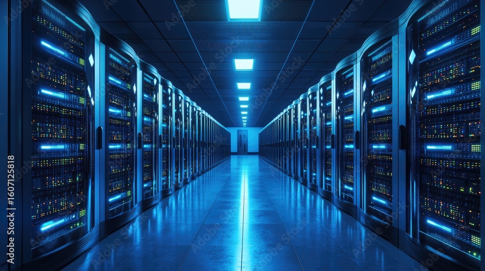 Poster modern large data center with illuminated rows of powerful servers and blue led lighting, ideal for 
