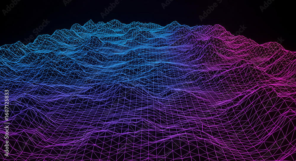 Poster abstract wireframe landscape with blue and purple gradient on a dark background rendering art