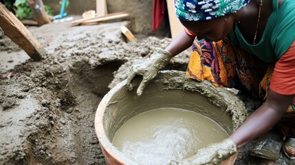 A woman is making a clay pot