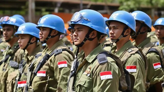 Indonesian Military Peacekeeping Force Standing in Formation with Blue Helmets and National Flags on Uniforms, Ready for Duty and International Mis...