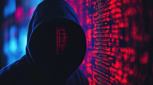 Mysterious Figure in Hood with Glowing Data Patterns in Background Illustrating Cybersecurity and Digital Threats