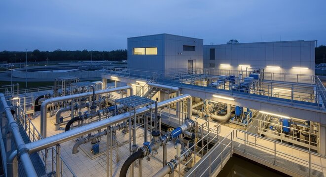 modern water treatment facility at dusk with illuminated pipes and structures. clean infrastructure. national water quality month. environmental protection, sustainability, urban planning.