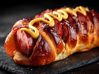 Savory hot dog bun with mustard gourmet food photography dark background close-up view tasty treat concept
