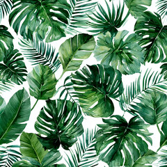 Seamless Tropical Watercolor Pattern with Monstera, Banana Leaves, and Palm Fronds