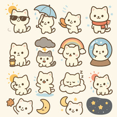 Random cartoon cat icons in kawaii style. Perfect for stickers, children's products, mobile apps, or cute animal-themed prints. Clean vector design suitable for commercial use.