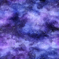 Cosmic Watercolor Galaxy Seamless Background in Purple and Deep Blue
