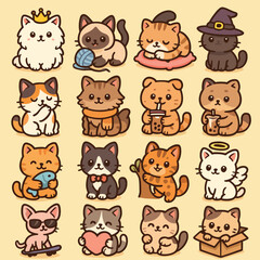 A collection of 16 adorable cartoon cat icons in kawaii style. Perfect for stickers, children's products, mobile apps, or cute animal-themed prints. Clean vector design suitable for commercial use.